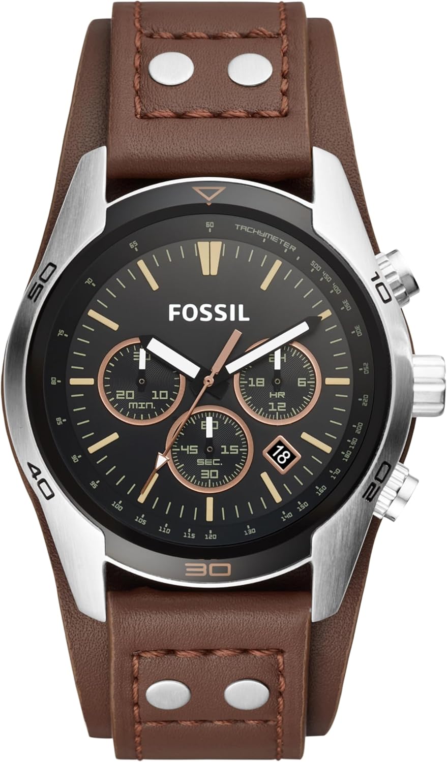 Silver Stainless Steel and Leather Chronograph Watch S838