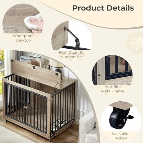 Grey Wooden Dog Crate with Double Doors and Pull-Out Dog Bowls F52847