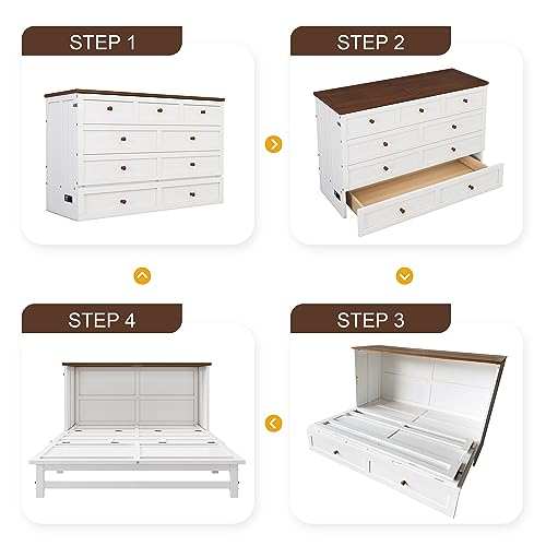 White+Walnut Full Wood Murphy Bed with Storage Drawers U192