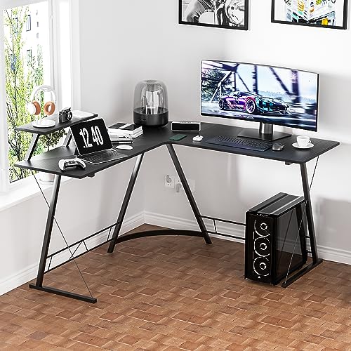 Black L Shaped Gaming Desk with Metal Frame D417