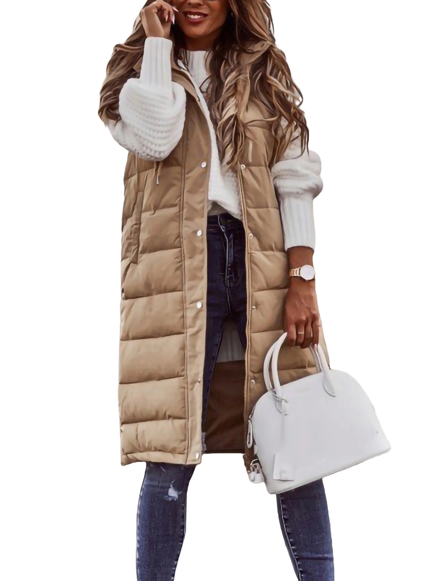 Women's Hooded Down Long Vest Padded Jacket with Pockets U508448