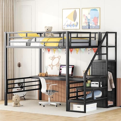 Full Size Metal Loft Bed with Desk and Wardrobe H7980