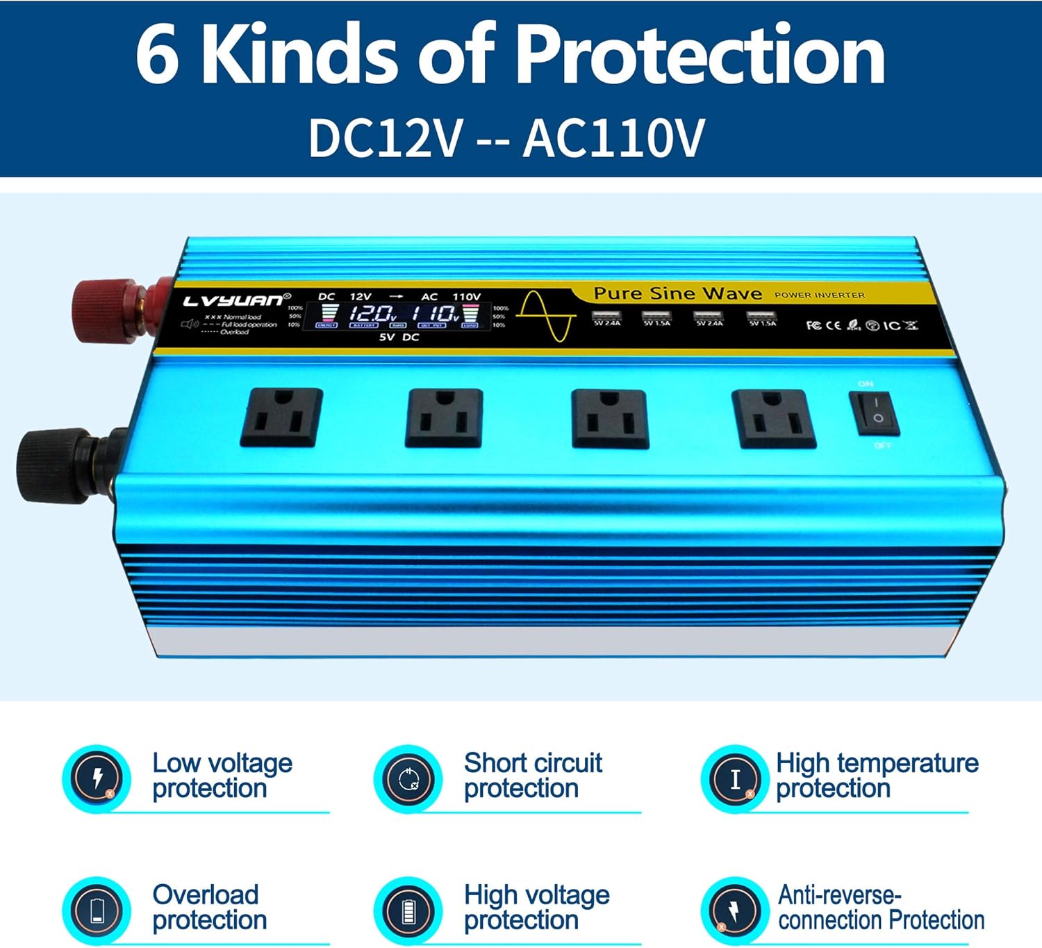 3000 Watt Pure Sine Wave Inverter 12V to 110V DC to AC with LCD Display 4 AC Sockets 4 USB Ports G326