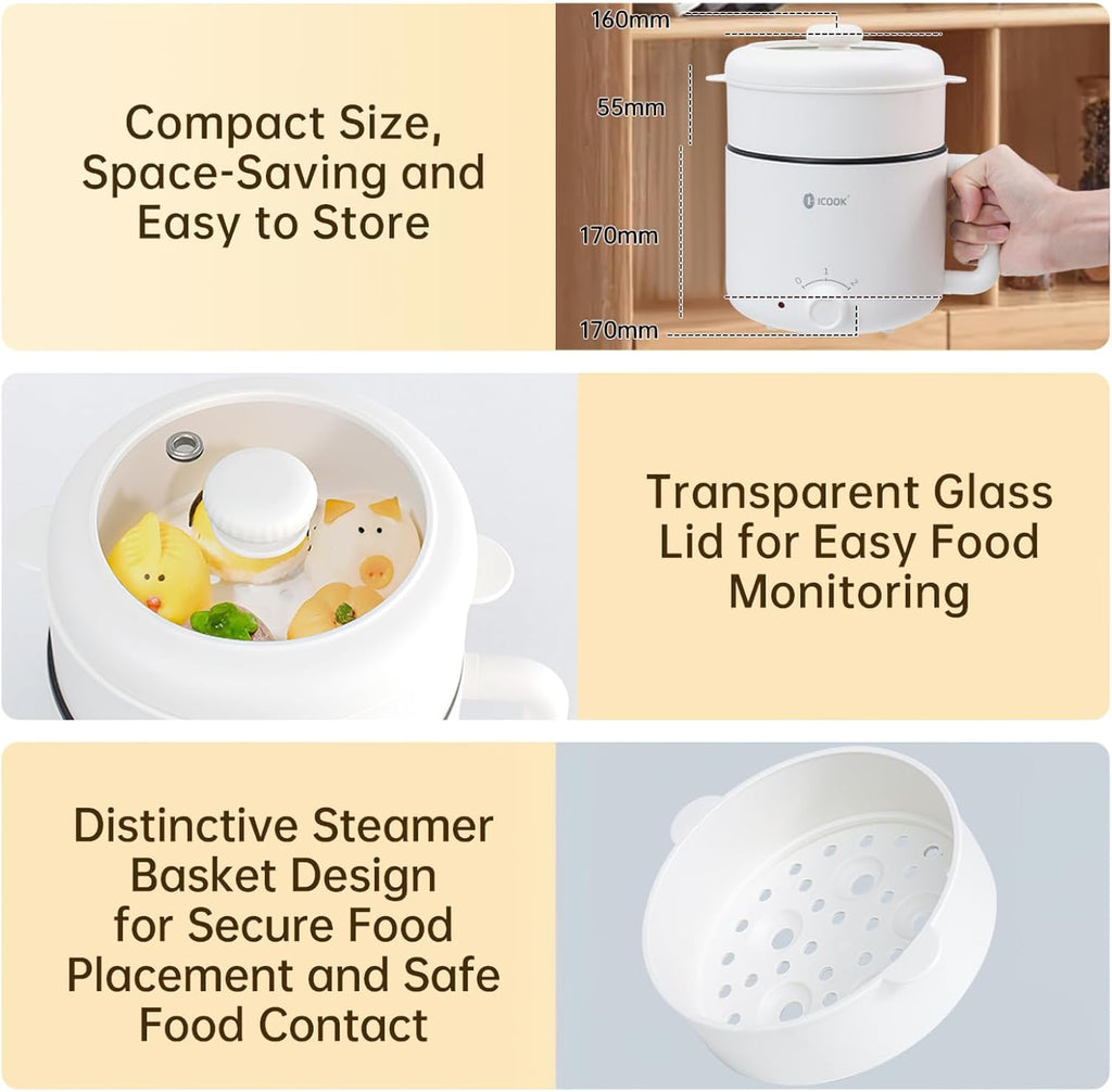 White Electric Mini Ramen Cooker 1.2L Nonstick 300W/600W Y35762