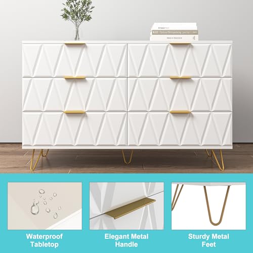 White 6 Drawer Wood Dresser with Gold Handles M626