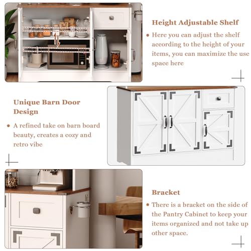 White Kitchen Pantry Cabinet with Charging Station and Microwave Stand K96578