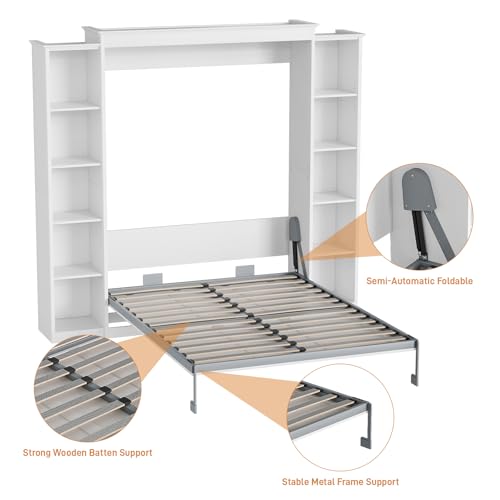 Queen Murphy Bed with Storage Bookcase & 4 Adjustable Shelves, White Wood Wall Bedframe with Metal Legs I668