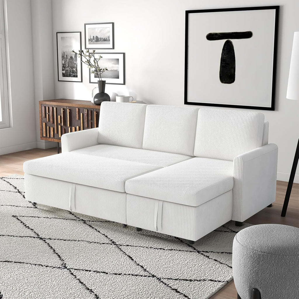 Beige Corduroy L-Shaped Sleeper Sofa with Storage Chaise and 2 Pillows M17222