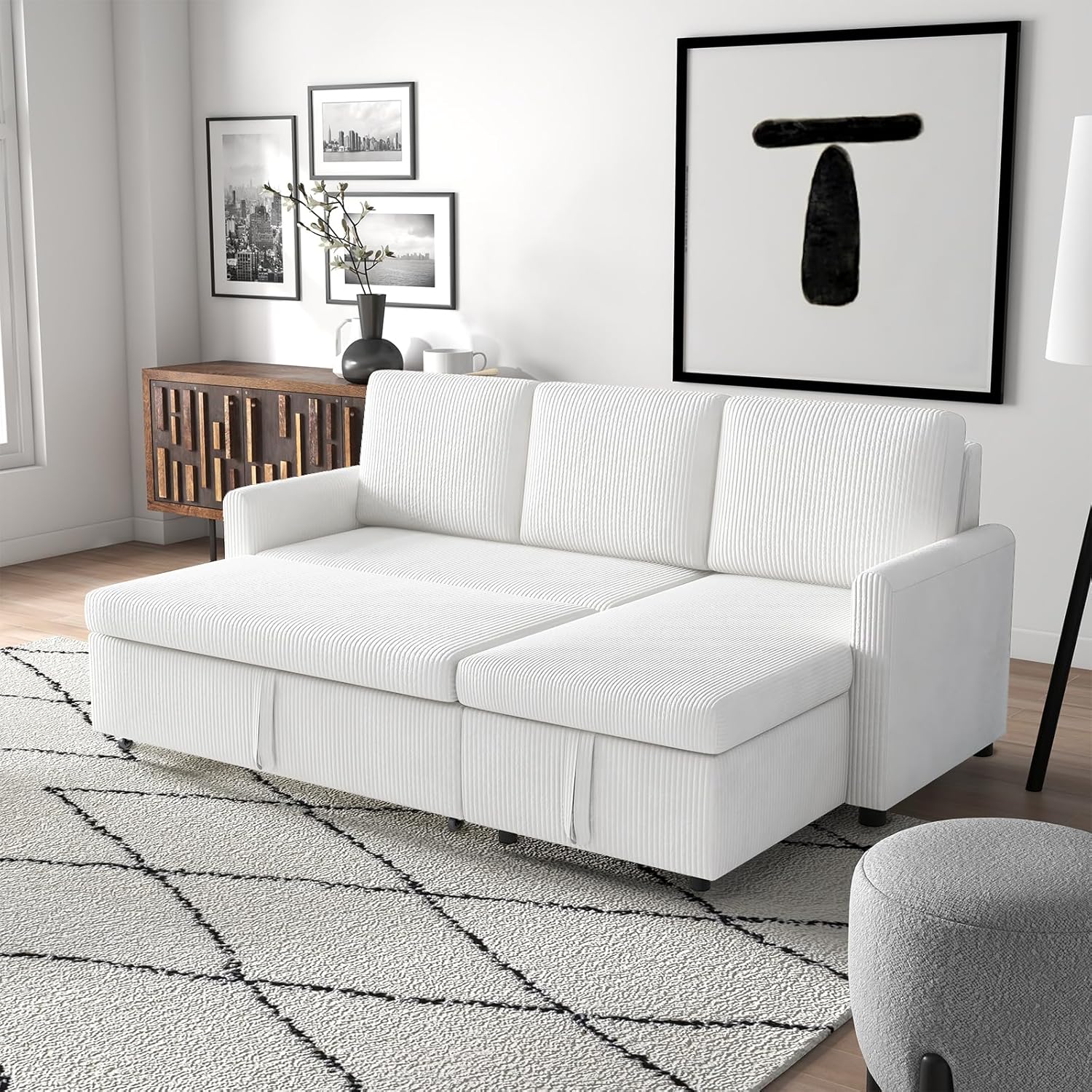 Beige Corduroy L-Shaped Sleeper Sofa with Storage Chaise and 2 Pillows M17222