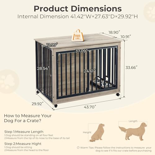Grey Wooden Dog Crate with Double Doors and Pull-Out Dog Bowls F52847