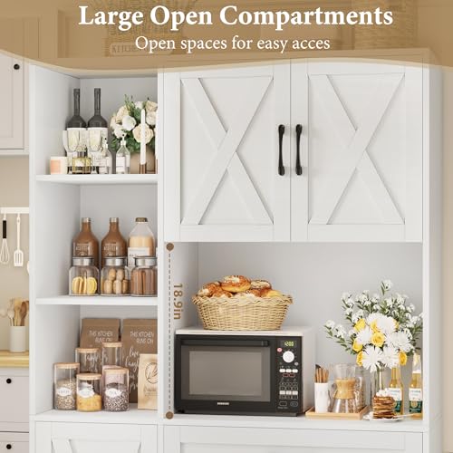 71" Tall Kitchen Pantry Storage Cabinet with Microwave Stand, Barn Doors, Large Drawer and Shelves, Ash Grey F204