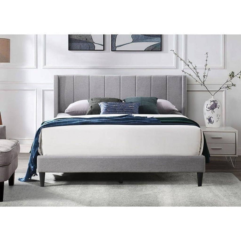 King Grey Linen Vertical Tufted Platform Bed R55092