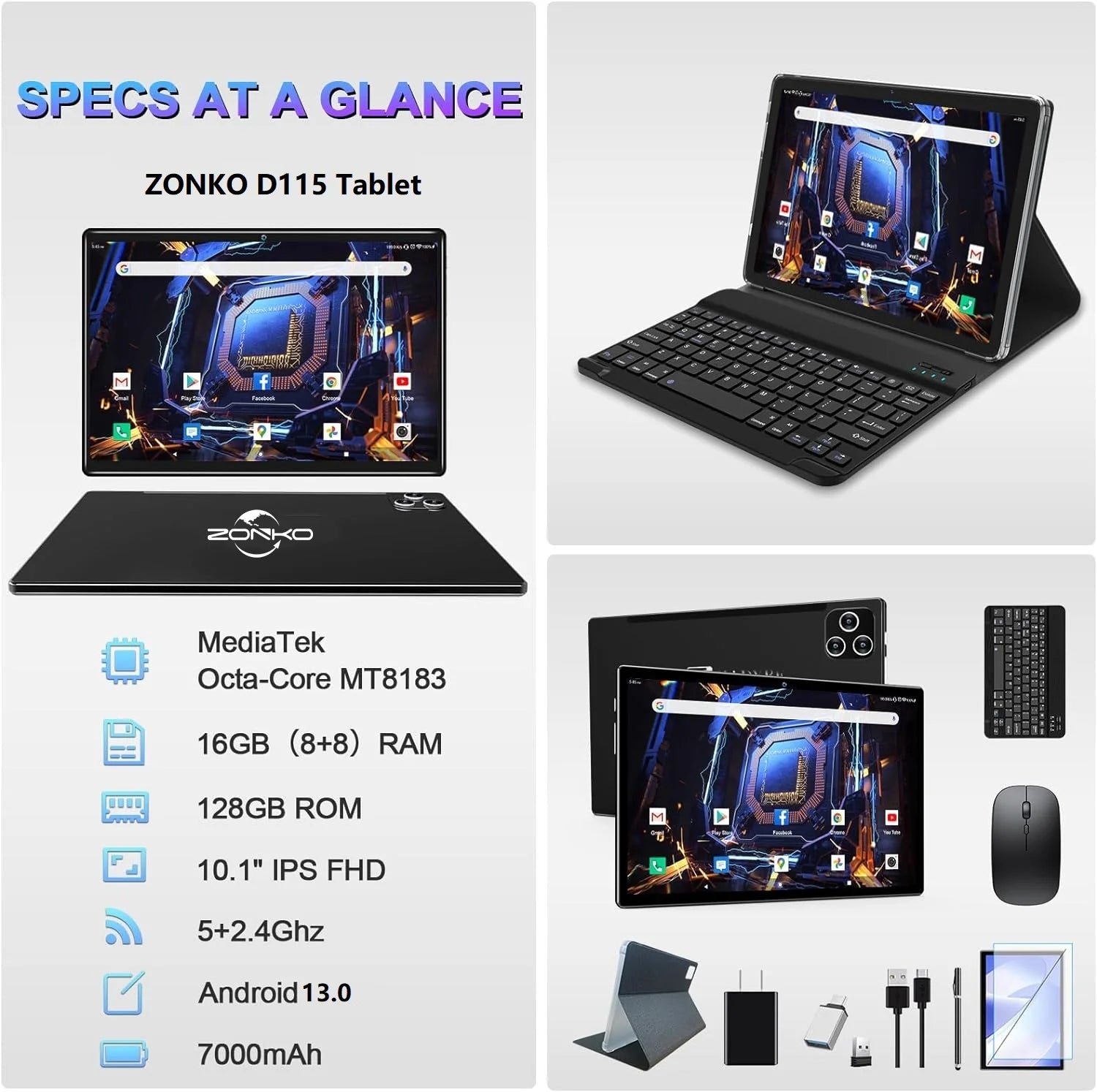 10 Inch Android Tablet with Keyboard, 128GB ROM + 16GB RAM, Octa-Core Processor A396464