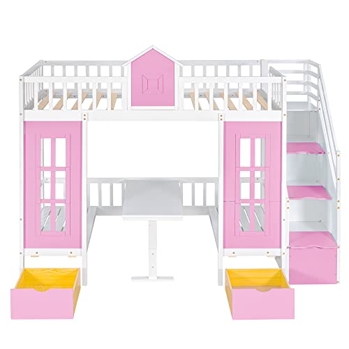 Pink Twin-Over-Twin Bunk Bed with Slide, 2 Drawers, 3 Shelves, Solid Wood R3894