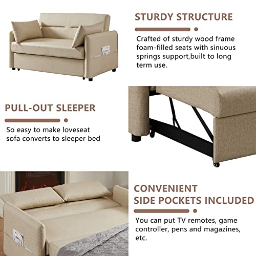 Convertible Sleeper Sofa Bed 57 Inches Velvet 2 Seats with Pull Out Bed Adjustable Backrest 2 Pillows Side Pocket Light Brown P8510