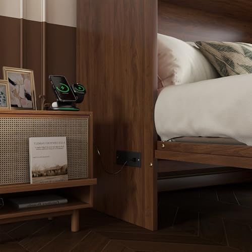 Queen Murphy Bed Cabinet with Charging Station & Rattan Design – Wall Bed with Large Storage Drawer, Foldable Platform Bed – Pine Wood Construction, Walnut M34960