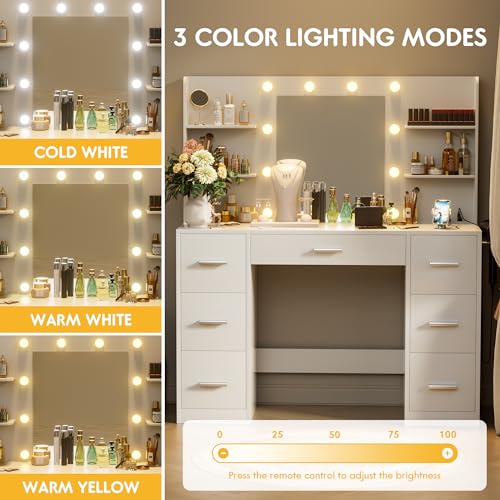 White Vanity Desk with LED Lighted Mirror and 7 Drawers H21419