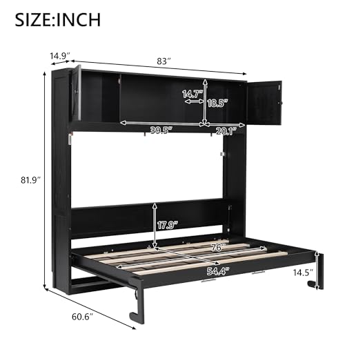 Black Full Horizontal Murphy Bed with Shelves and Storage Bookcase J615
