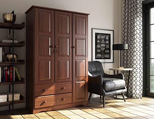 100% Solid Wood Armoire Wardrobe Closet, Java, 4 Shelves, 1 Clothing Rod, 2 Drawers, 1 Lock J694325