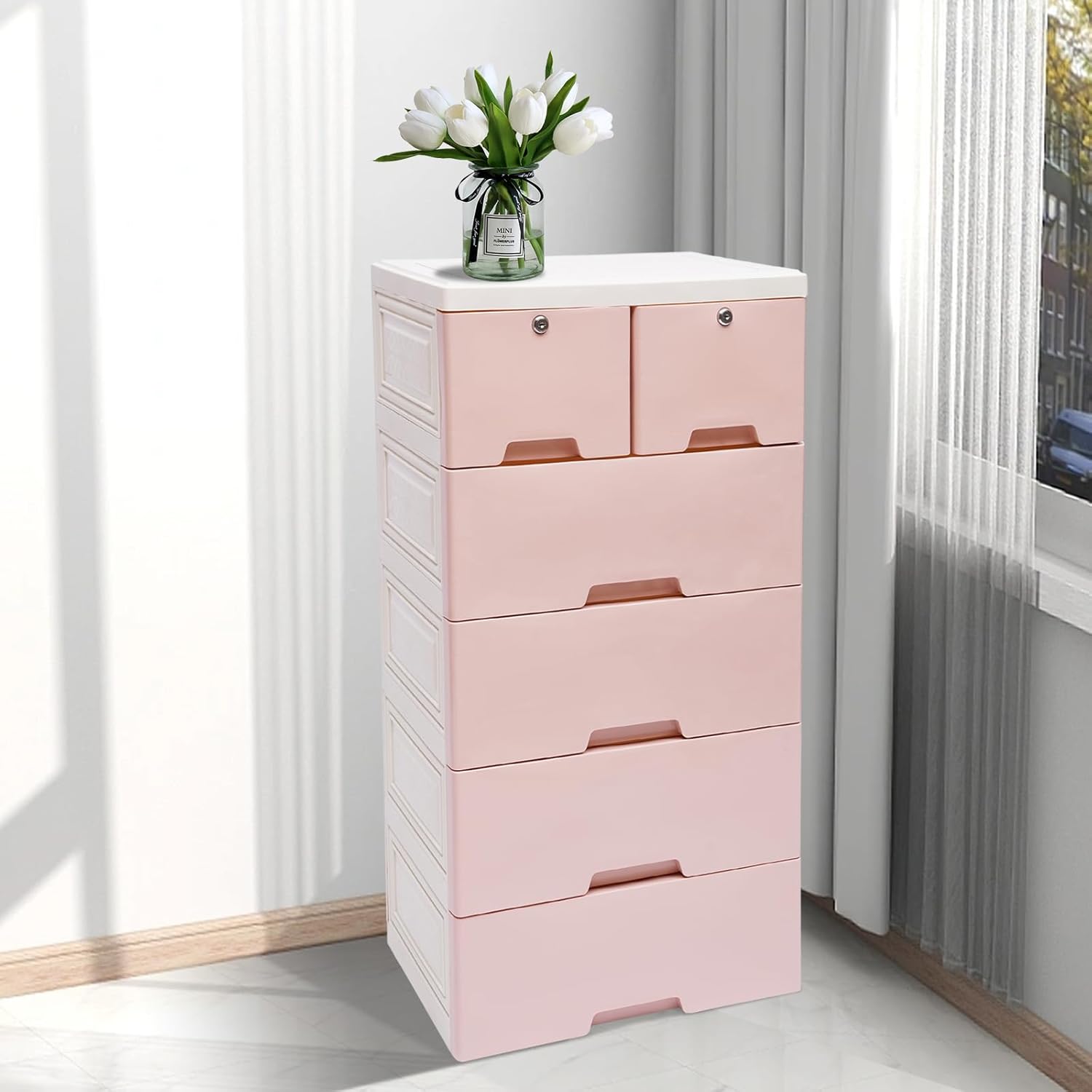 6 Drawers Pink Plastic Dresser with 4 Wheels M2797