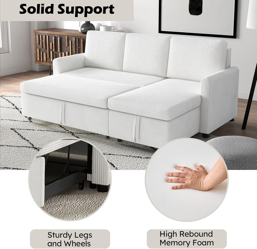Beige Corduroy L-Shaped Sleeper Sofa with Storage Chaise and 2 Pillows M17222