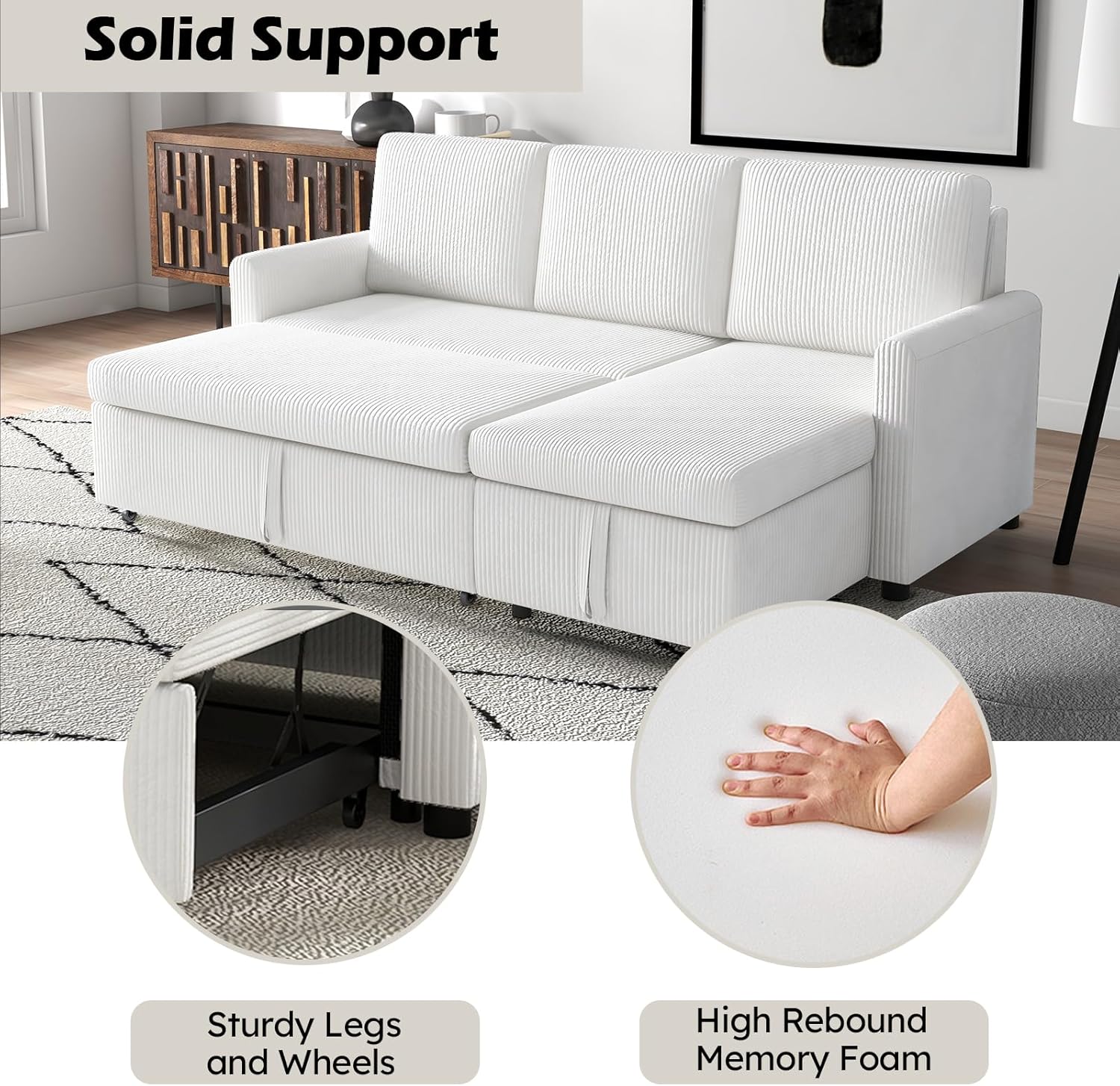 Beige Corduroy L-Shaped Sleeper Sofa with Storage Chaise and 2 Pillows M17222