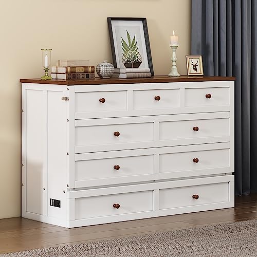 White+Walnut Full Wood Murphy Bed with Storage Drawers U192
