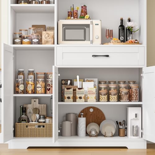 71" Tall Kitchen Pantry Storage Cabinet with Microwave Stand, Barn Doors, Large Drawer and Shelves, Ash Grey F204