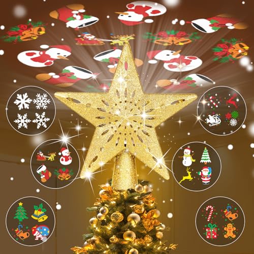 Silver 3D Glitter Lighted Christmas Tree Topper with Rotating LED Lights U645