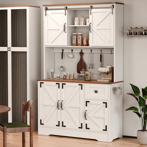 White Kitchen Pantry Cabinet with Charging Station and Microwave Stand K96578