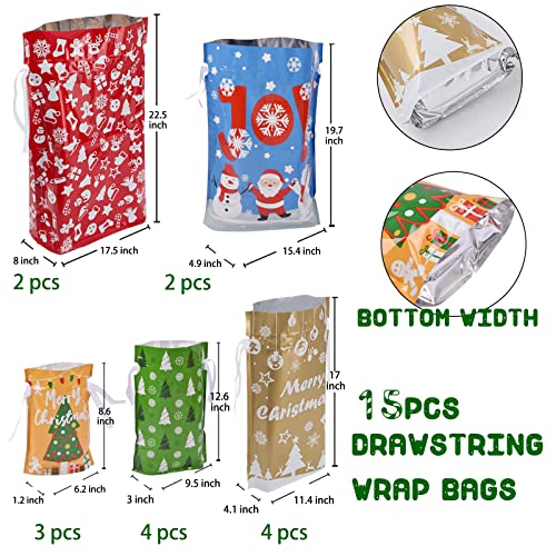 22pcs Drawstrings Christmas Gift Bags Assorted Sizes Reusable Plastic H58334