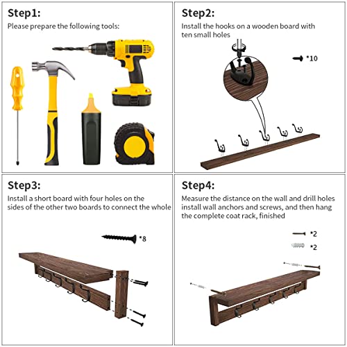 2 Pack Rustic Brown Wood Wall Mount Coat Rack with Shelf Z4270
