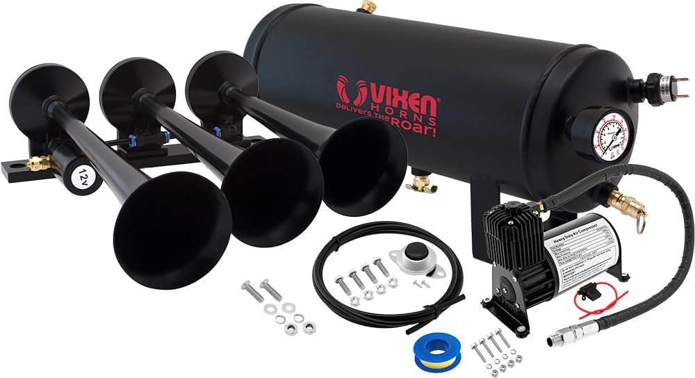 Train Horn Kit with 150psi Air Compressor, 1.5 Gallon Tank, 3 Trumpets E680441