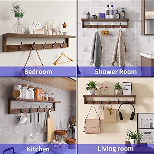 2 Pack Rustic Brown Wood Wall Mount Coat Rack with Shelf Z4270