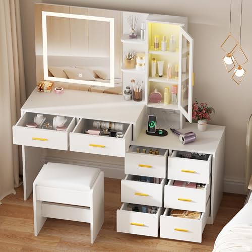 White 51.8" Makeup Vanity Desk with Mirror and Lights 8 Drawers T57628
