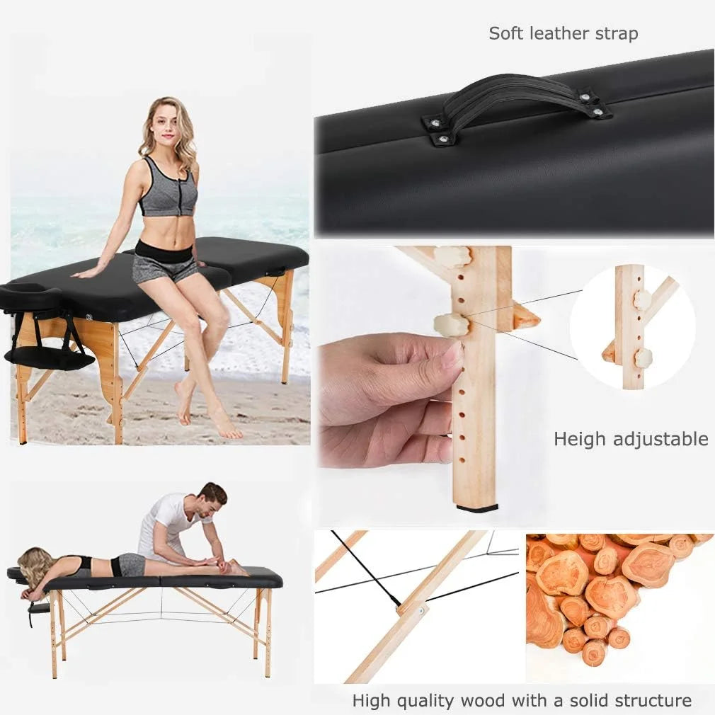 Portable Massage Table 73” L 28”W Height Adjustable with Bolsters Carry Case 2 Fold Black T385378