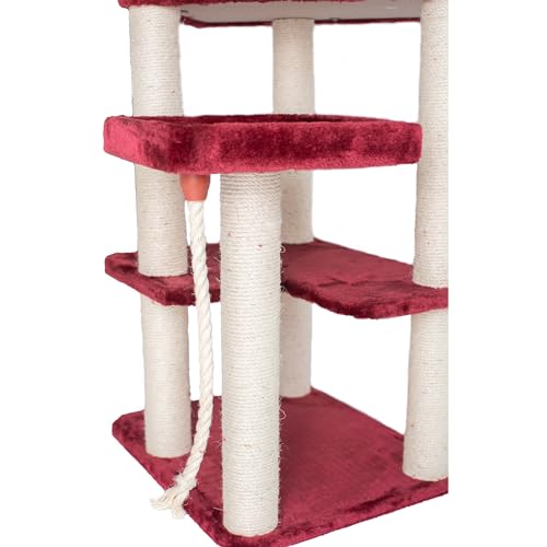 Burgundy Real Wood Cat Tower with Faux Fur E2181