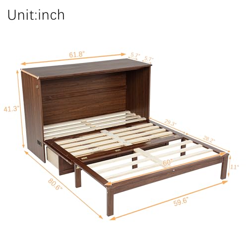 Queen Murphy Bed Cabinet with Charging Station & Rattan Design – Wall Bed with Large Storage Drawer, Foldable Platform Bed – Pine Wood Construction, Walnut M34960