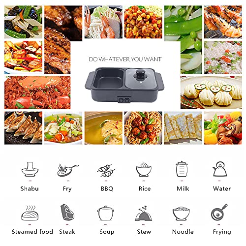 2 in 1 Portable Electric Non-Stick Hot Pot BBQ Grill Pan 110V 1200W Black E7859