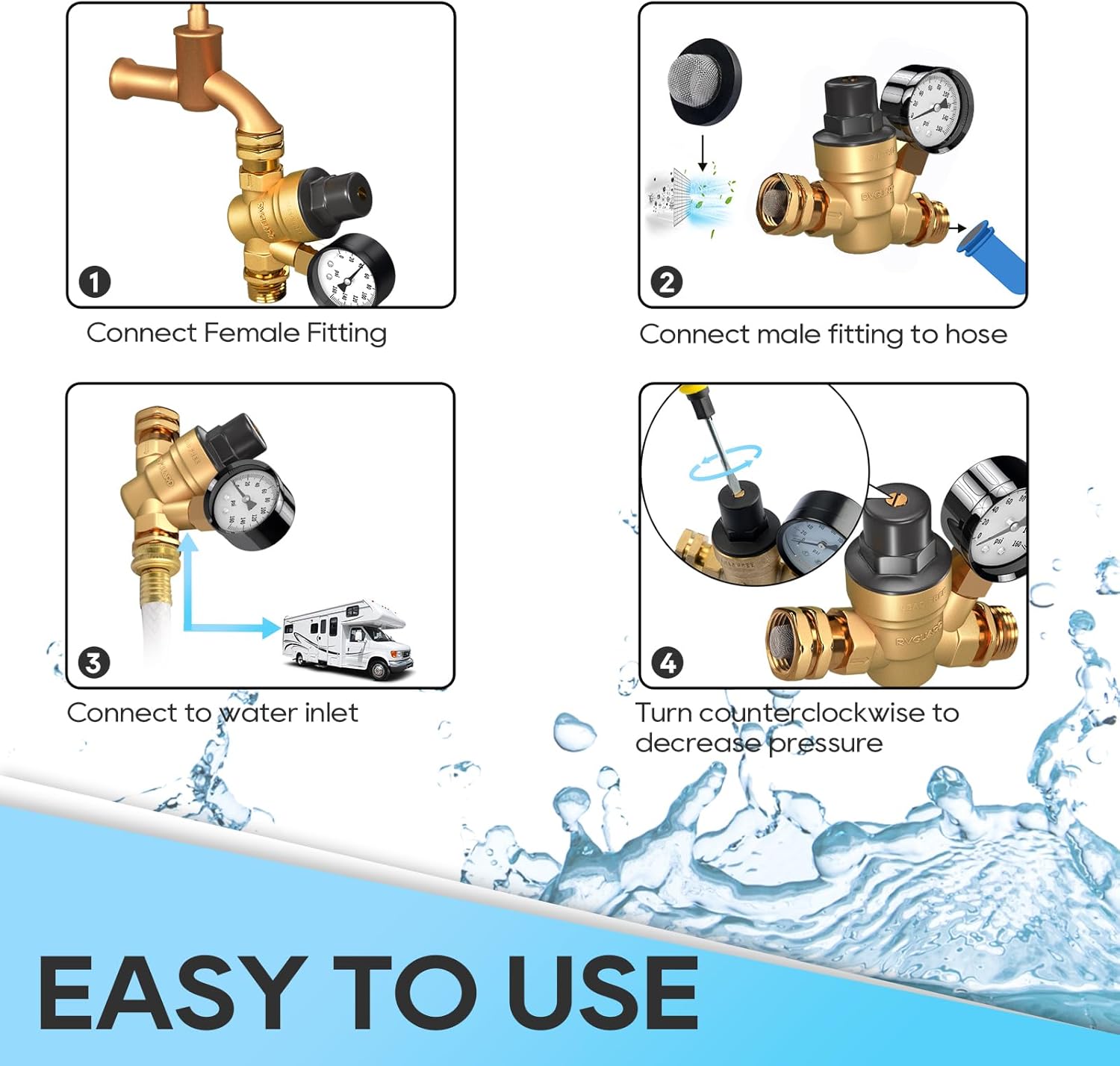 Brass Lead-Free Adjustable RV Water Pressure Regulator Valve with Gauge and Inlet Screen Filter T994894