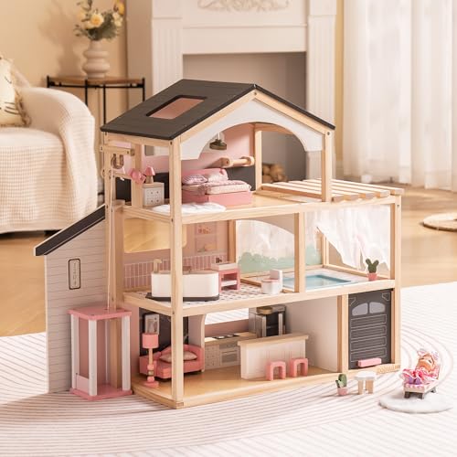 Pink Wooden Dollhouse with 6 Rooms and 29-pcs Furniture Set I1455
