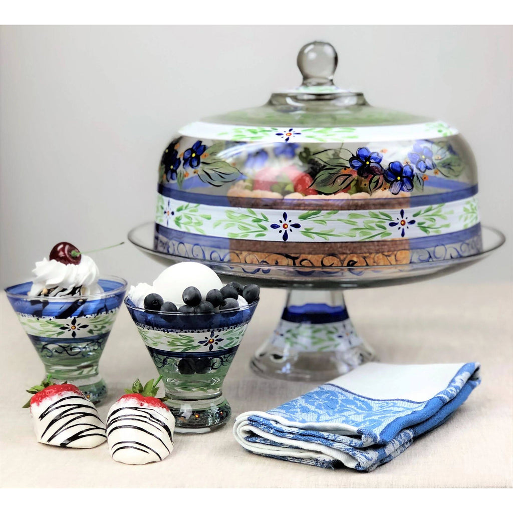 Blue Floral Hand Painted Glass Large Cake Dome E517