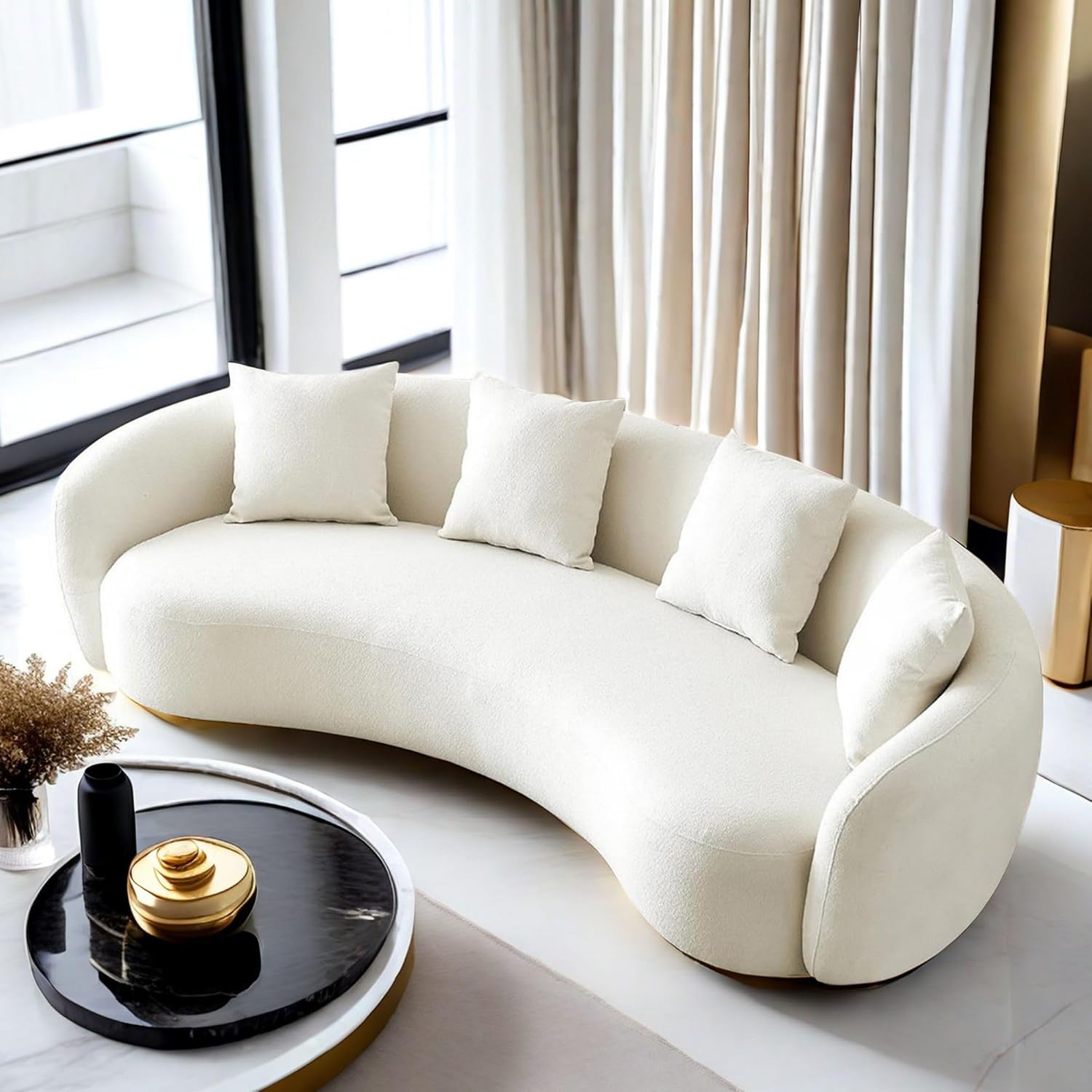 Teddy Fabric Curved Half Moon Sectional 4-Seat Sofa Couch with 4 Throw Pillows K769