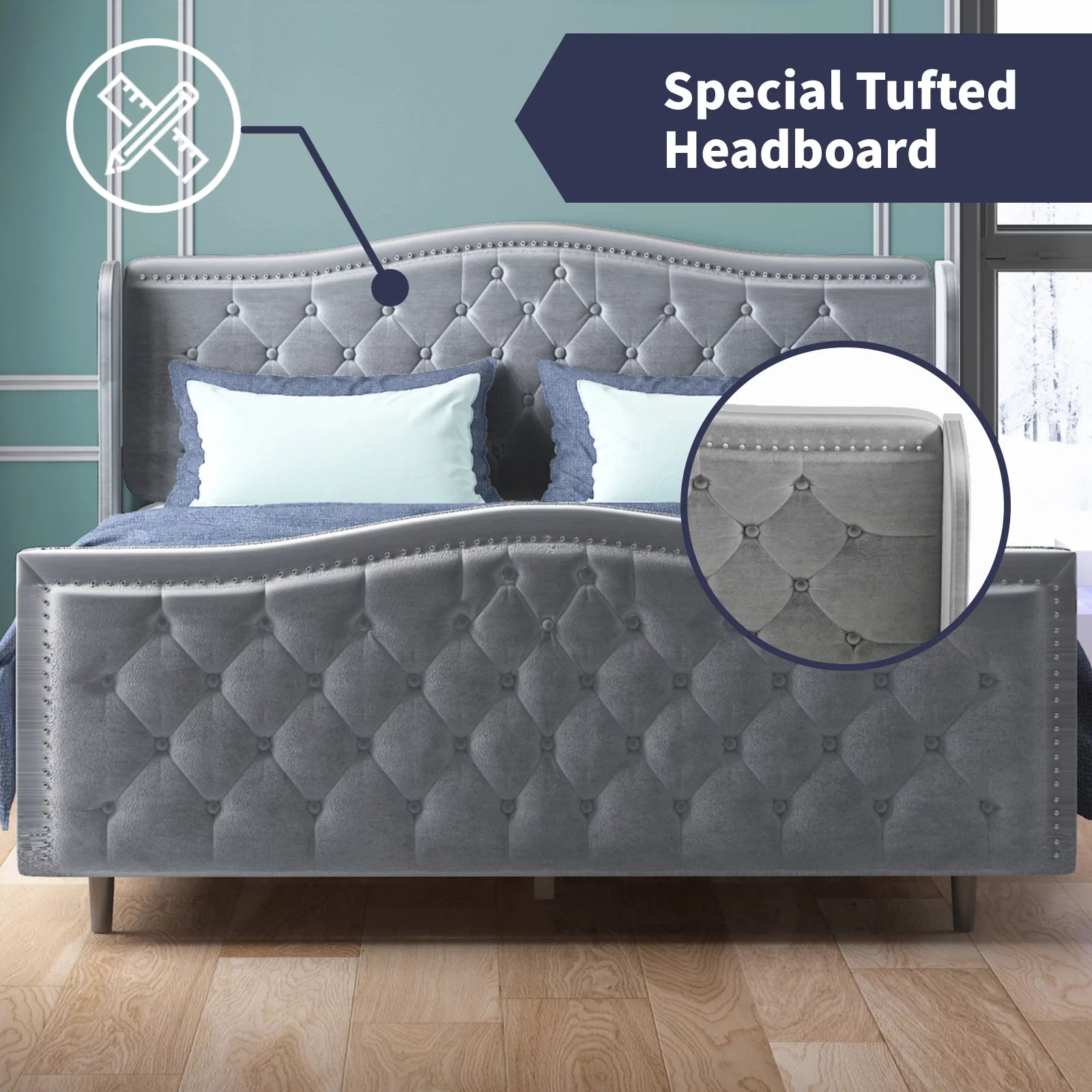 King Size Button Tufted Velvet Platform Bed Frame, Silver Grey W3992