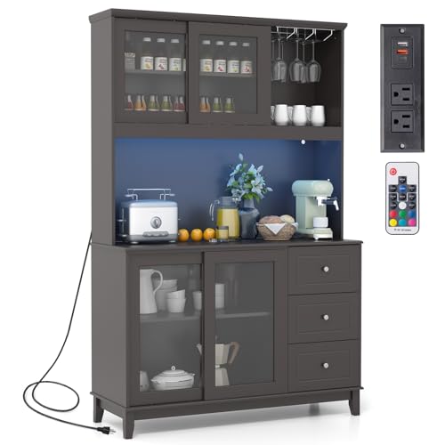 73" Kitchen Pantry Storage Cabinet with LED Lights & Power Outlet, Wine Glass Racks, Adjustable Shelves, Drawers (Espresso) Q89858
