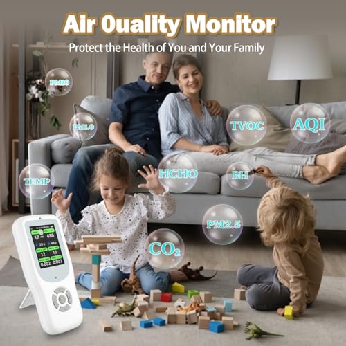 11-in-1 Air Quality Monitor with Stand for AQI, CO2, PM2.5, PM1.0, PM10, TVOC, HCHO, Particles, Temperature & Humidity (White-White) O705