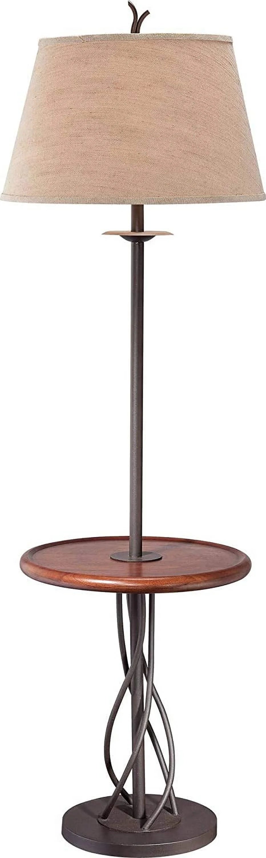 Rustic Farmhouse Floor Lamp with Tray End Table 63.5" Tall Wood Twisted Iron Base Brown Linen Fabric Tapered Drum Shade W598