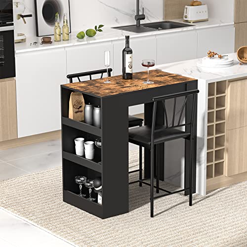 Gray Small Bar Table and Chairs Dining Set for 2 with Storage Shelves Z7025