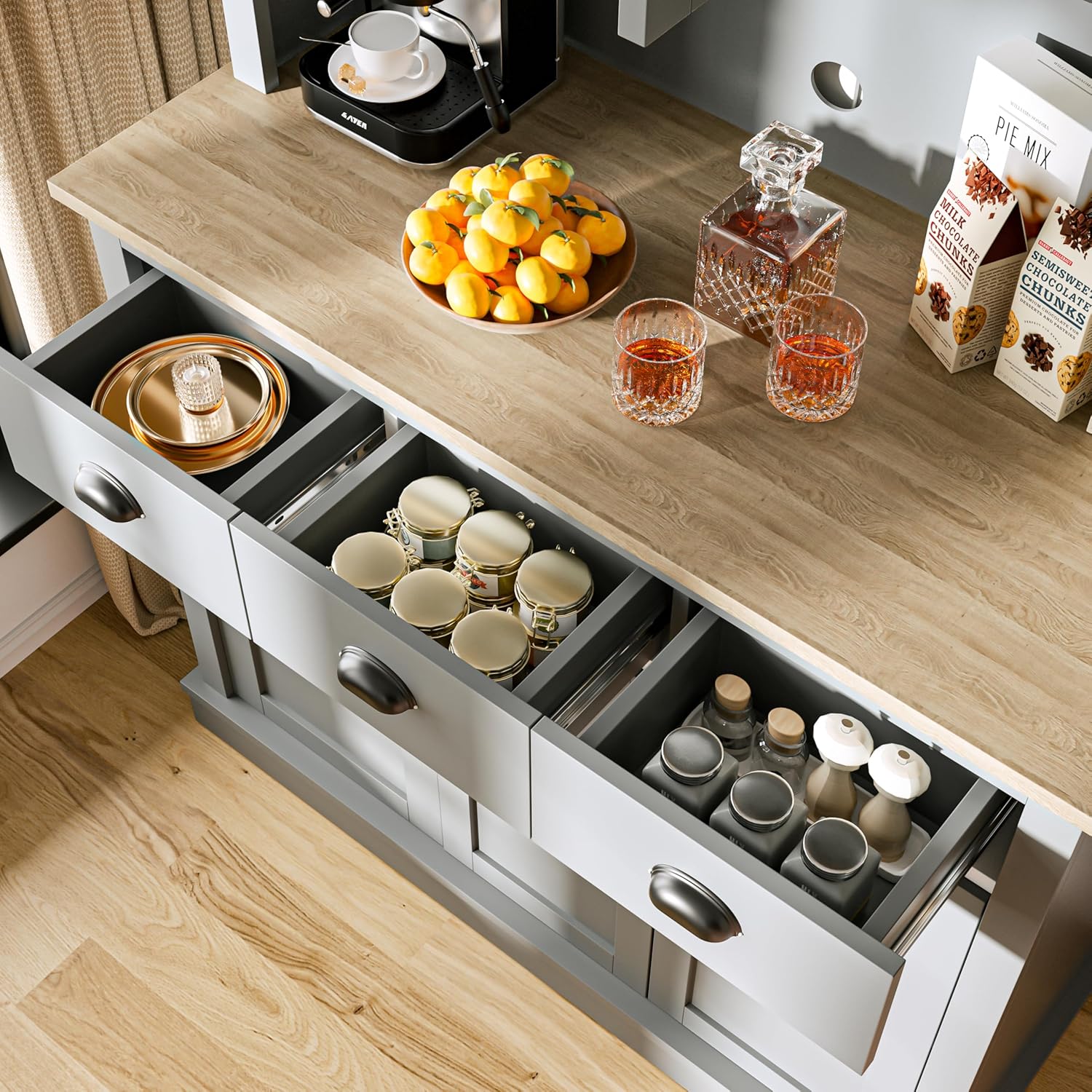 Grey Kitchen Hutch Storage Cabinet with Countertop and Drawers G810