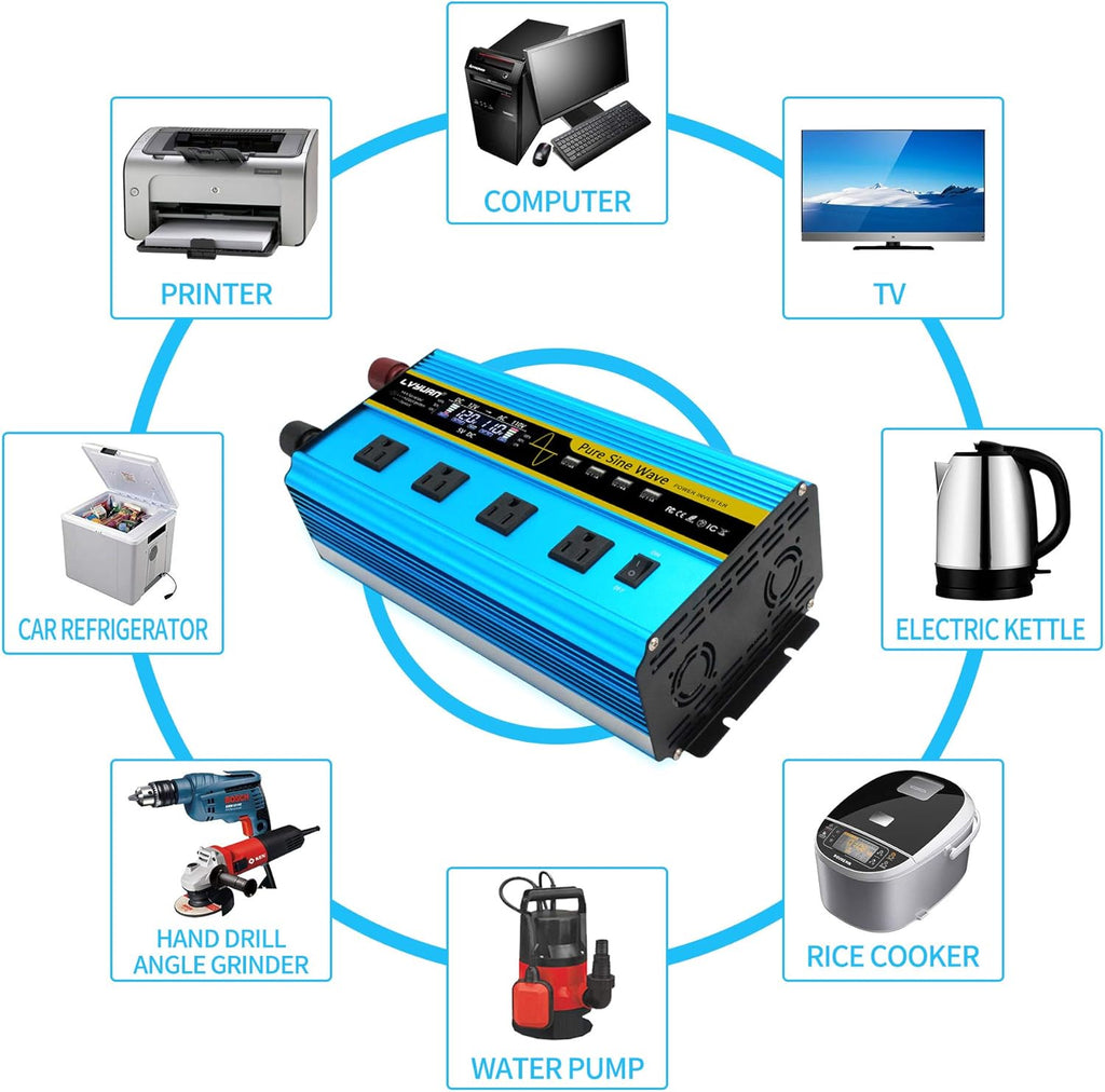 3000 Watt Pure Sine Wave Inverter 12V to 110V DC to AC with LCD Display 4 AC Sockets 4 USB Ports G326